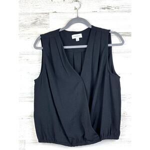 Evereve Womens L Black Short-Sleeve V-Neck Faux Wrap Lightweight Workwear Blouse